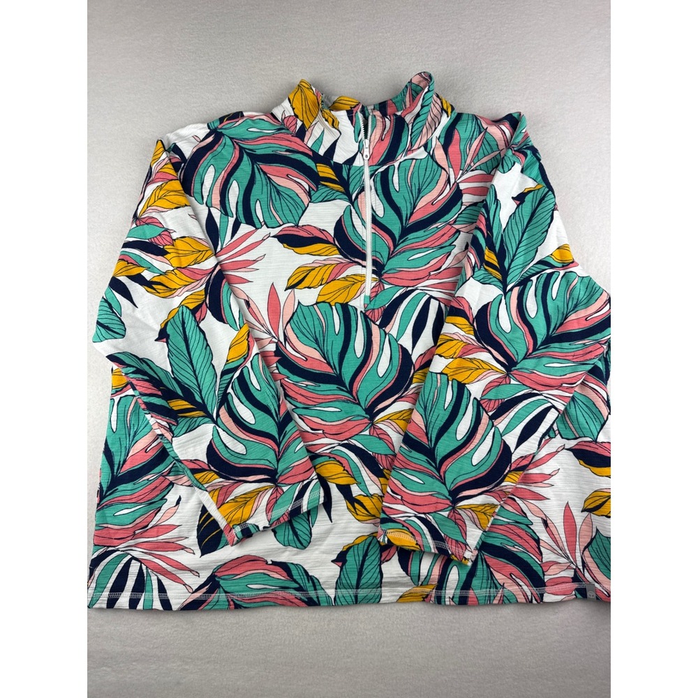 T by Talbots Tropical Leaf Quarter Zip Pullover UPF 50 Top Multicolor 3X